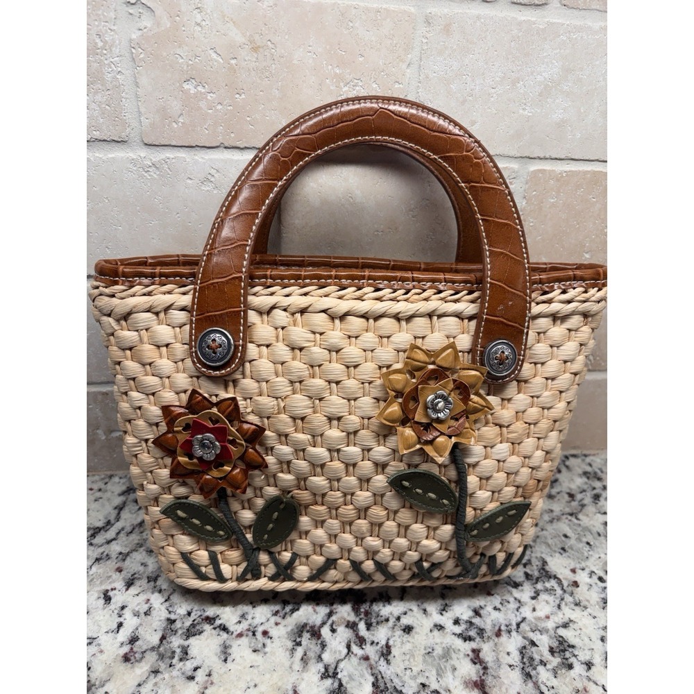 Vtg Y2K Elka Woven Straw Floral Satchel Purse Croc Leather Handle Boho Handbag